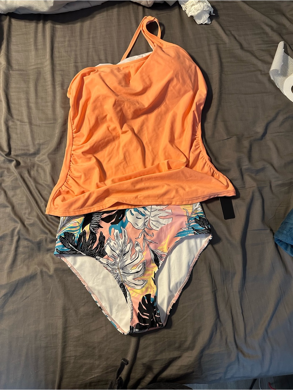 Women's Peach Tankini Top with Tropical Print Bikini Bottom